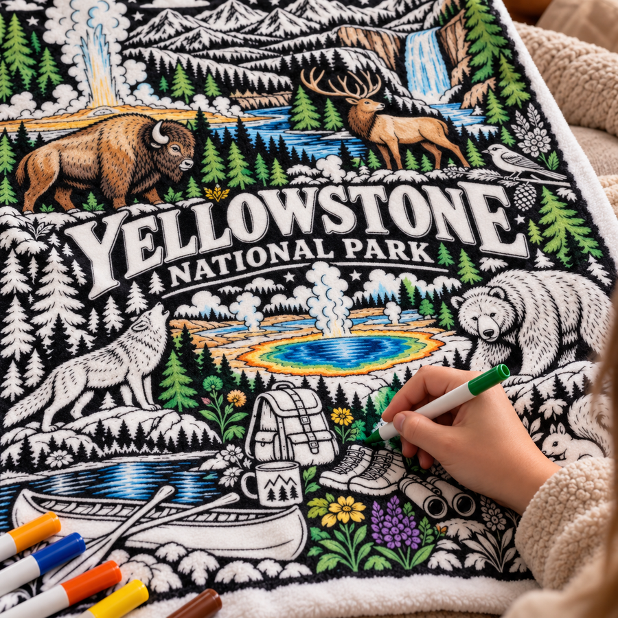 Yellowstone National Park Coloring Blanket on black fleece