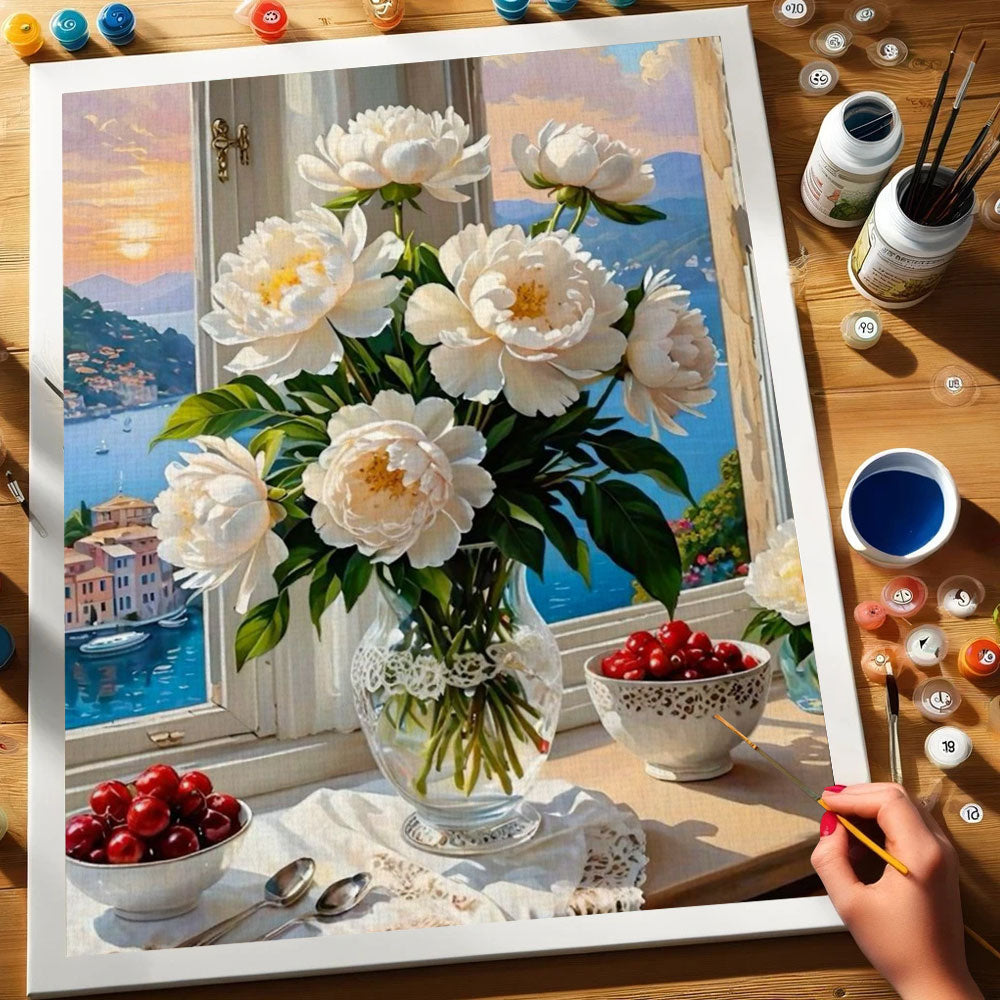 White Peonies by the Seaside Window | Paint by Numbers Kit