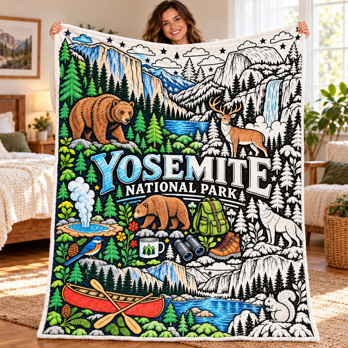 Yosemite National Park Coloring Blanket on white fleece, partly colored in