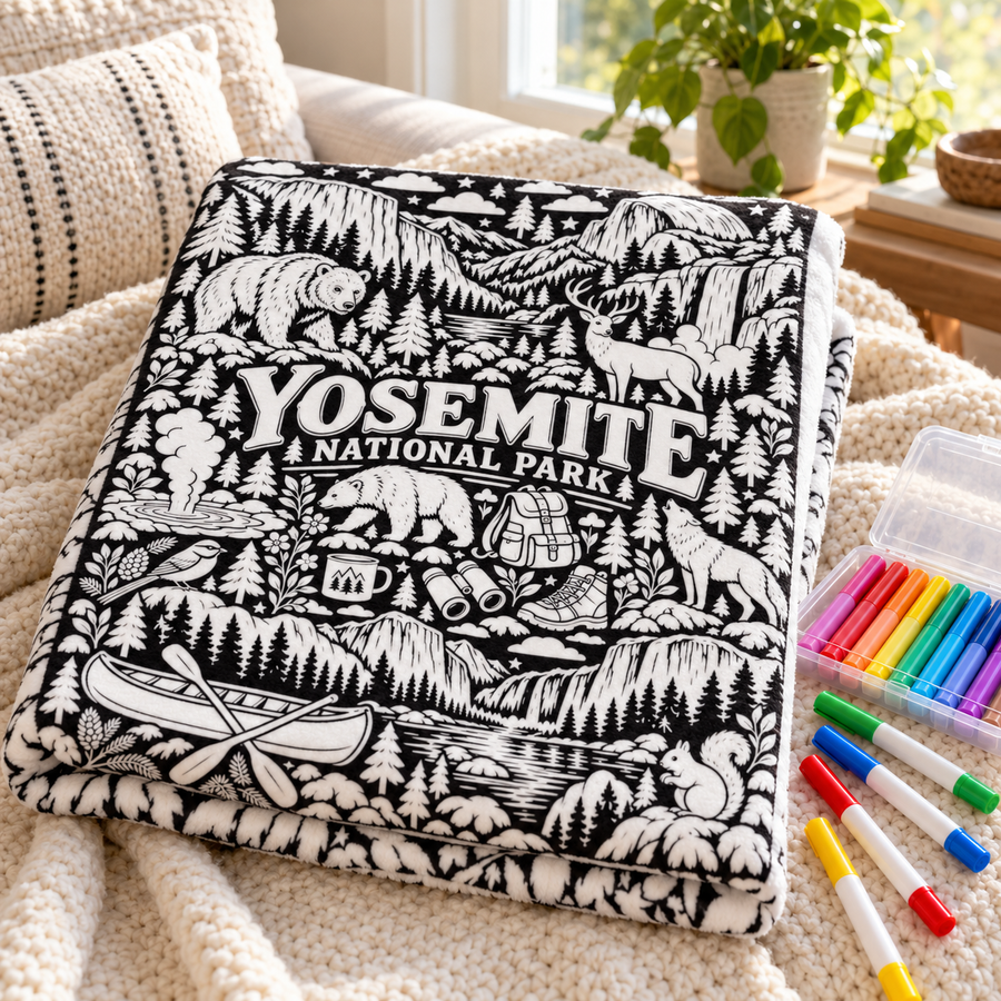 Yosemite National Park Coloring Blanket on black fleece