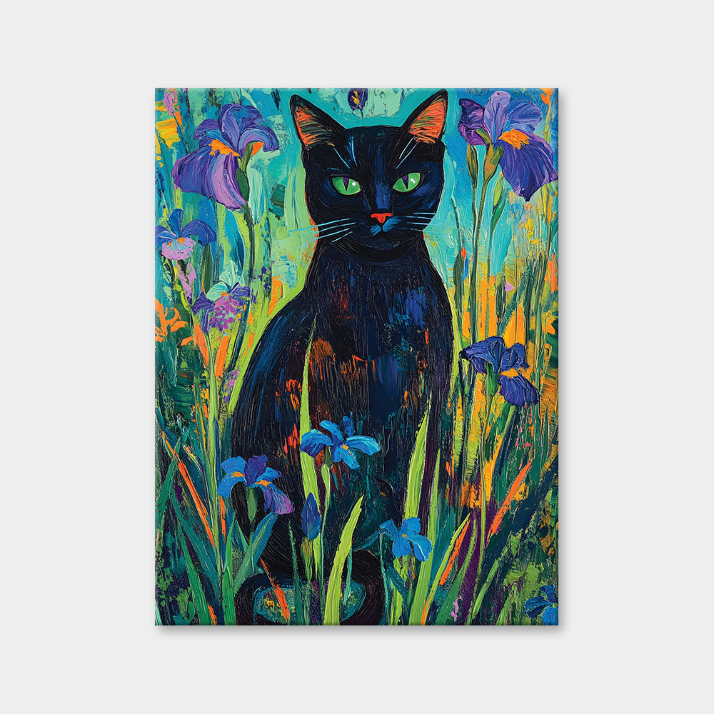 Black Cat in Iris Garden | Diamond Painting