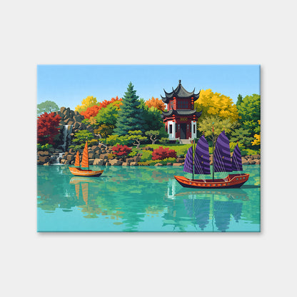 Peaceful Pagoda & Junk Ships | Diamond Painting