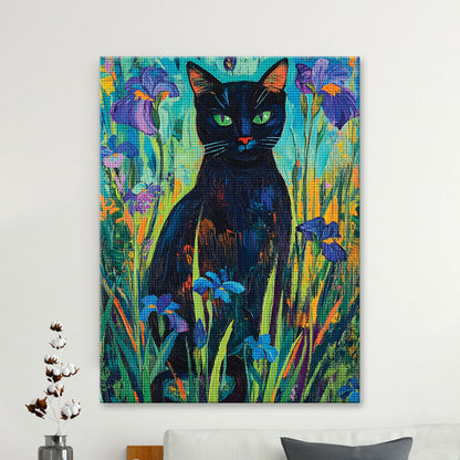Black Cat in Iris Garden | Diamond Painting