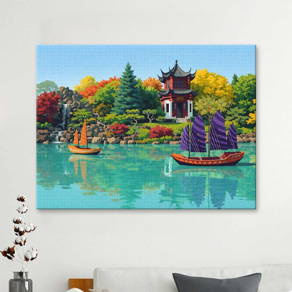 Peaceful Pagoda & Junk Ships | Diamond Painting