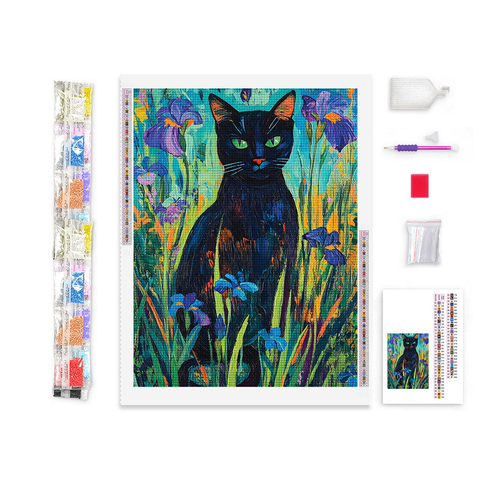 Black Cat in Iris Garden | Diamond Painting