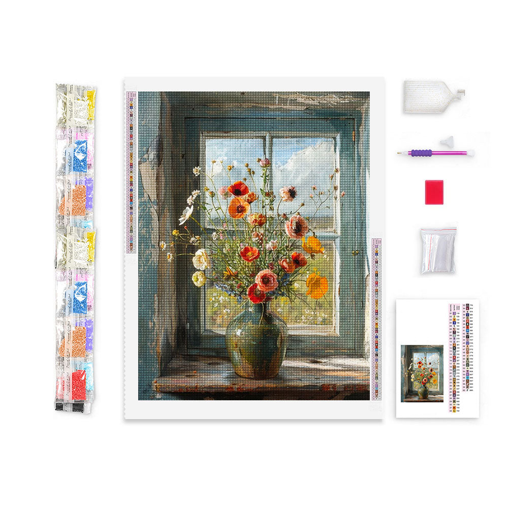 Wildflowers on a Rustic Windowsill | Diamond Painting