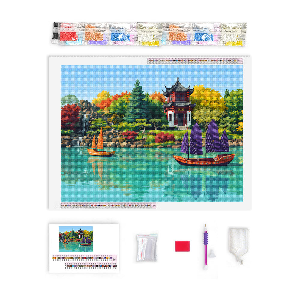 Peaceful Pagoda & Junk Ships | Diamond Painting