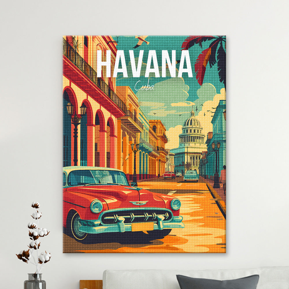 Diamond Painting 5D - Taxi Rosso All'Avana, Cuba - Kit Fai Da Te, Tela 40x50 Cm, Diamanti Rotondi