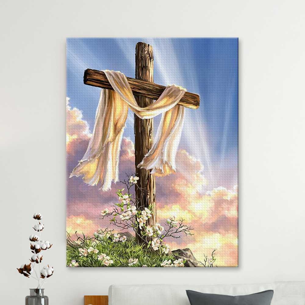 Wooden Cross On Flower Hill Diamond Painting