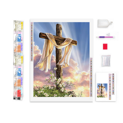 Wooden Cross On Flower Hill Diamond Painting