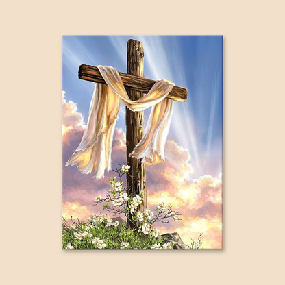 Wooden Cross On Flower Hill Diamond Painting