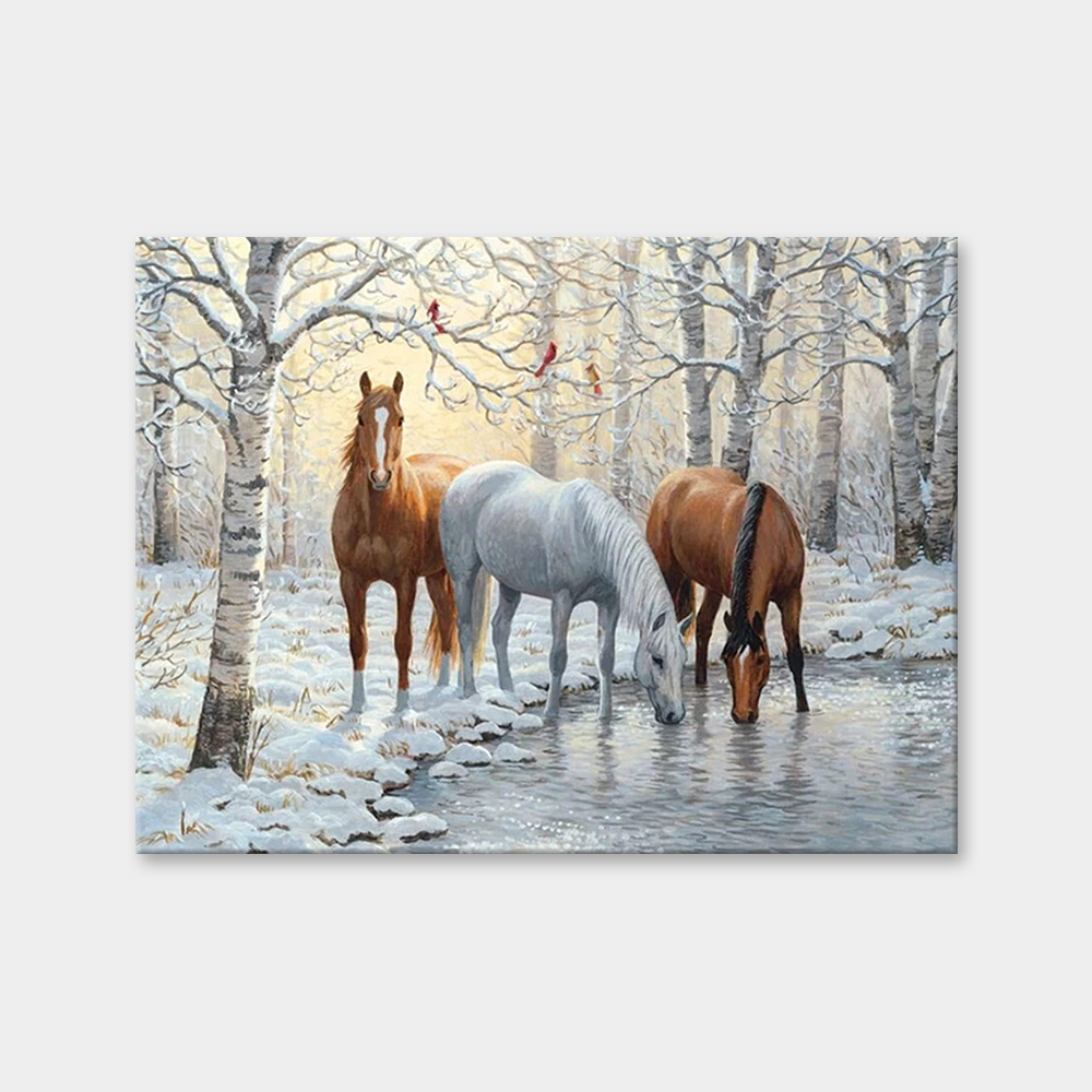 Three Horses By Winter Lake Diamond Painting