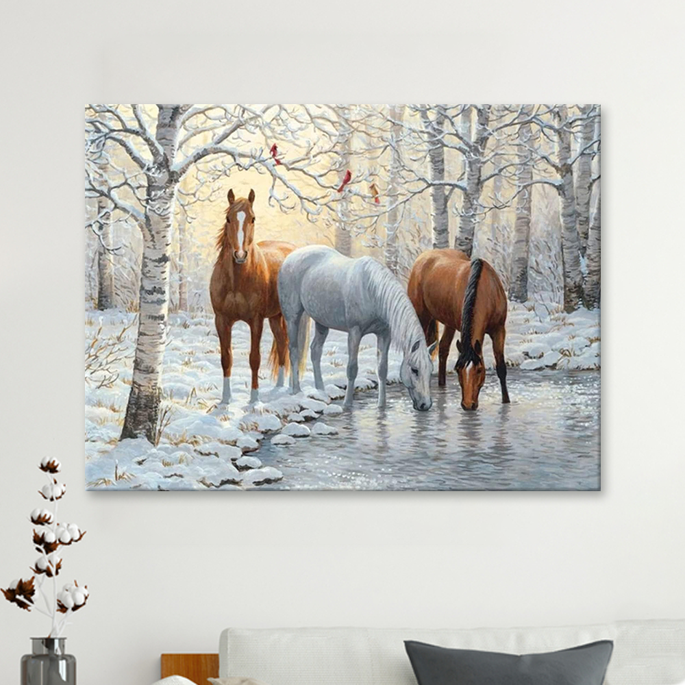 Three Horses By Winter Lake Diamond Painting