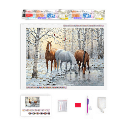 Three Horses By Winter Lake Diamond Painting