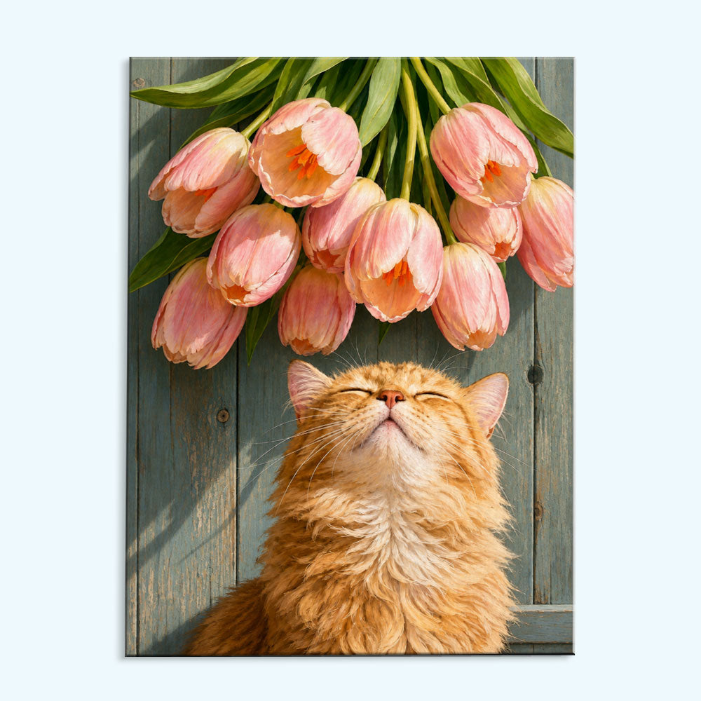 Ginger Cat Under Tulips | Paint by Numbers Kit