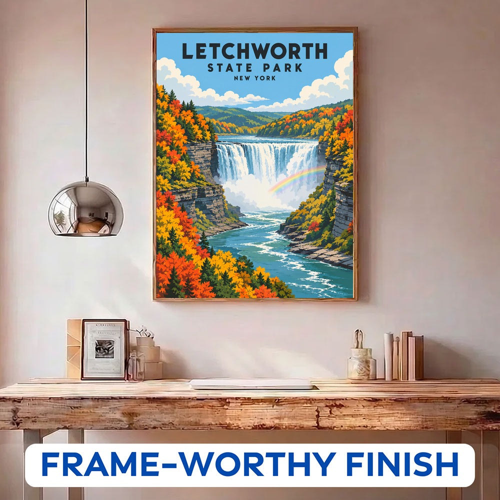 Letchworth State Park paint by numbers kit in a frame on the wall