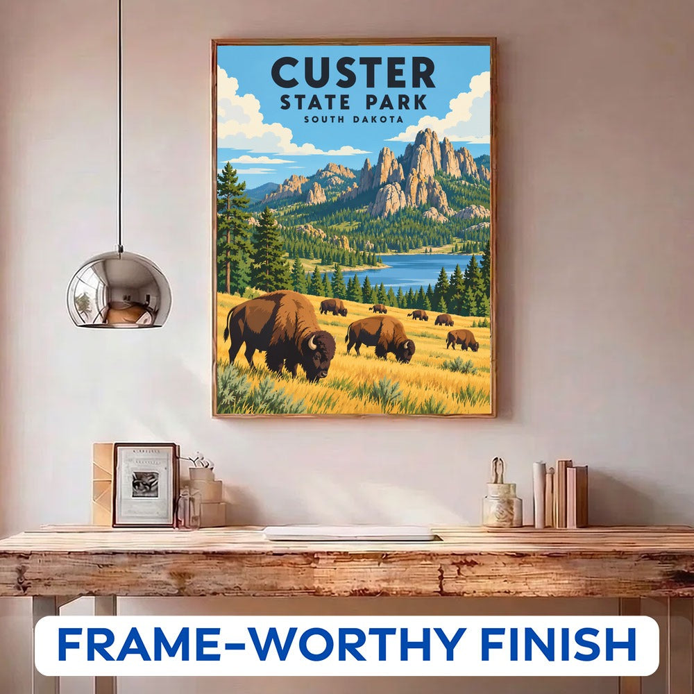 Custer State Park paint by numbers kit in a frame on the wall