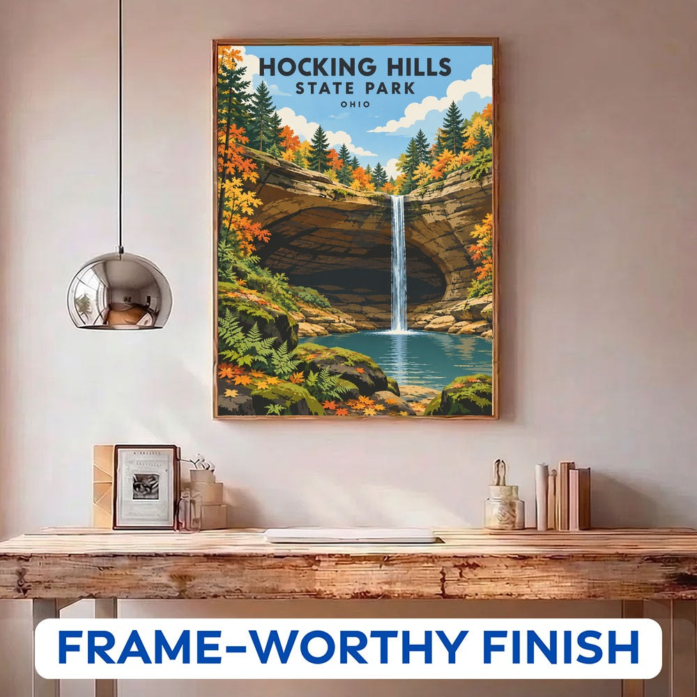 Hocking Hills State Park paint by numbers kit in a frame on the wall