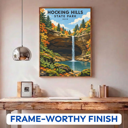 Hocking Hills State Park paint by numbers kit in a frame on the wall
