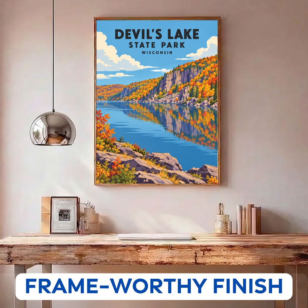Devil's Lake State Park paint by numbers kit in a frame on the wall