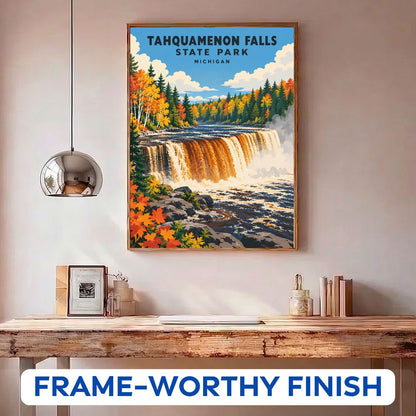 Tahquamenon Falls State Park paint by numbers kit in a frame on the wall