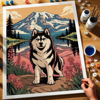 Mount Rainier Nationalpark – Husky | Malen nach Zahlen Set