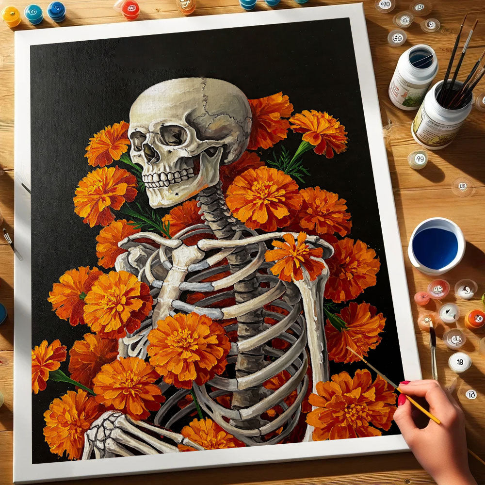 Skeleton with Marigold - October Birth Flower | Paint by Numbers Kit
