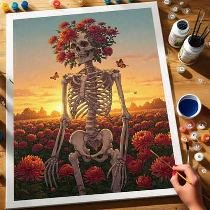 Skeleton with Chrysanthemum - November Birth Flower | Paint by Numbers Kit