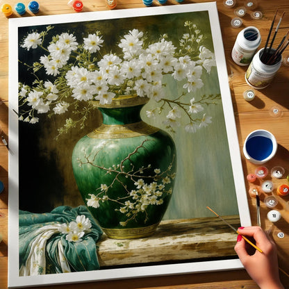 White Blossoms in a Green Vase | Paint by Numbers Kit