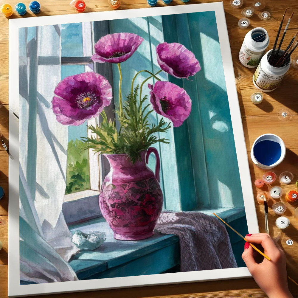 Purple Poppies on the Windowsill | Paint by Numbers Kit