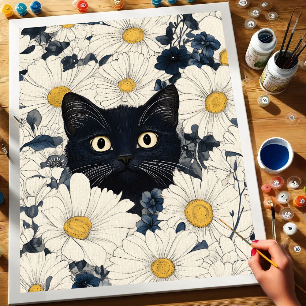 Black Cat in White Daisy | Paint by Numbers Kit