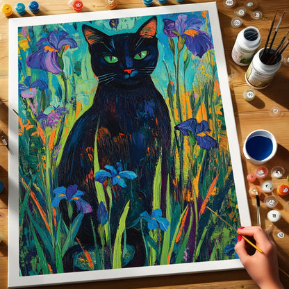 Black Cat in Iris Garden | Paint by Numbers Kit