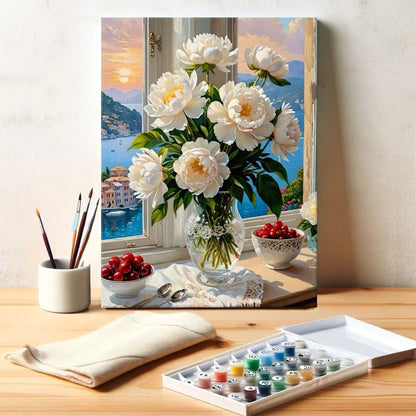 White Peonies by the Seaside Window | Paint by Numbers Kit