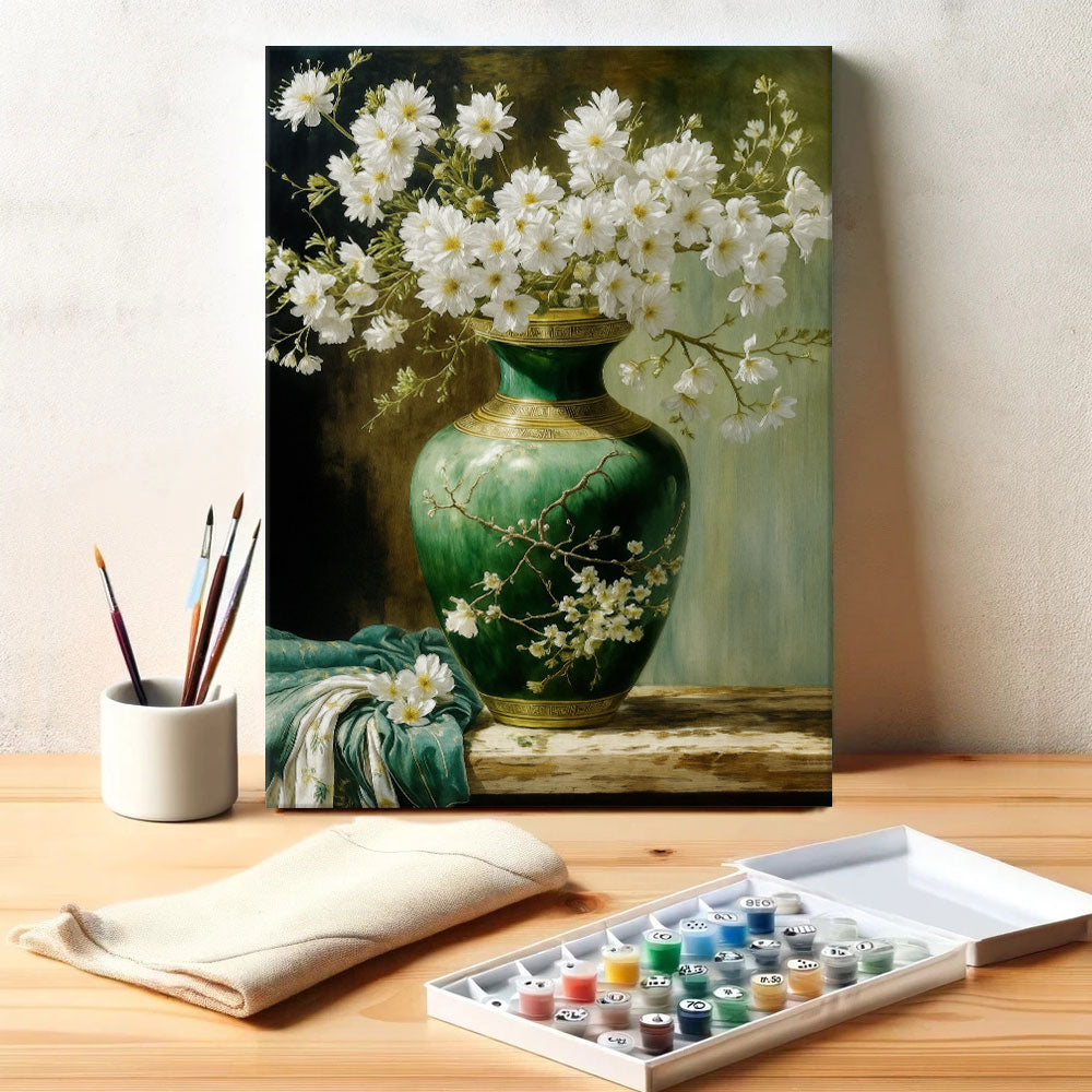 White Blossoms in a Green Vase | Paint by Numbers Kit