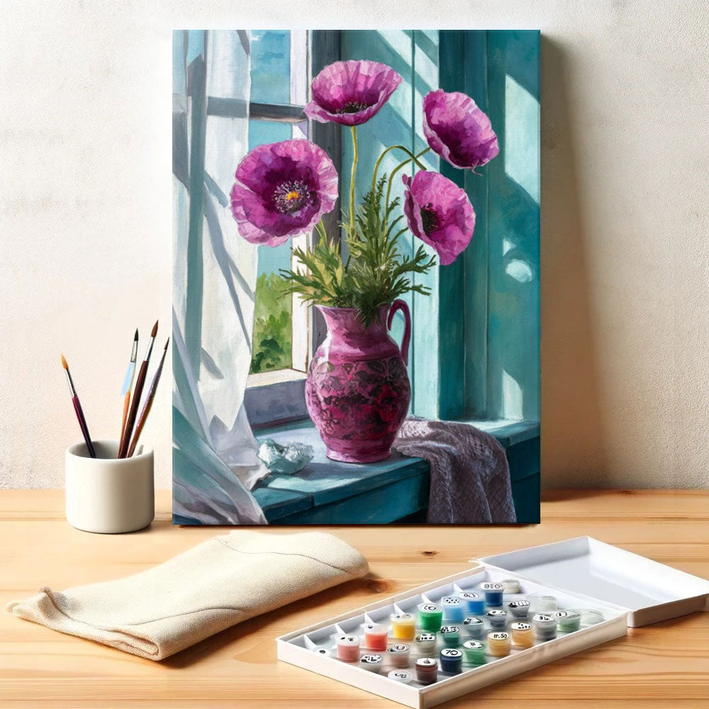 Purple Poppies on the Windowsill | Paint by Numbers Kit