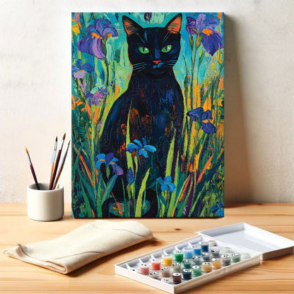 Black Cat in Iris Garden | Paint by Numbers Kit