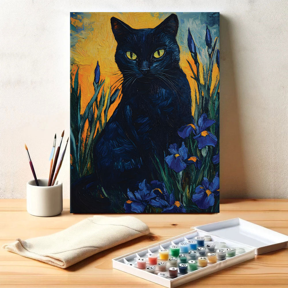 Yellow-Eyed Cat in Irises | Paint by Numbers Kit