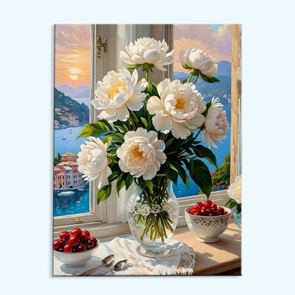 White Peonies by the Seaside Window | Paint by Numbers Kit