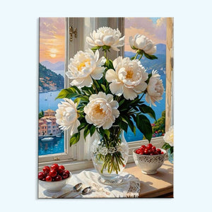 White Peonies by the Seaside Window | Paint by Numbers Kit
