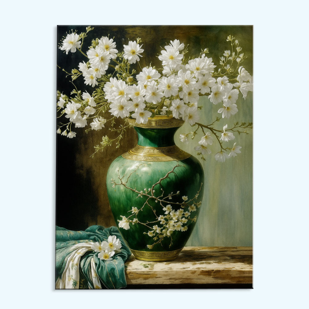 White Blossoms in a Green Vase | Paint by Numbers Kit