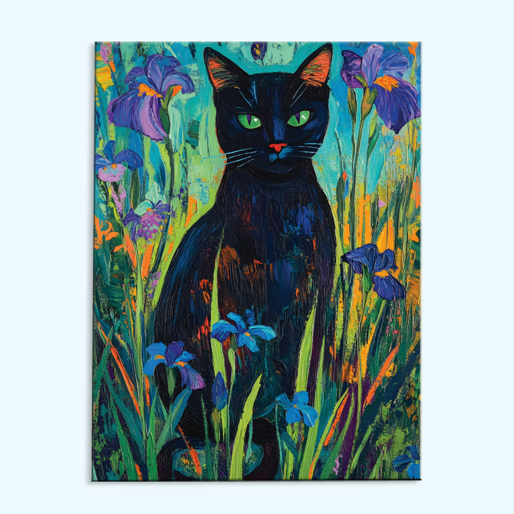 Black Cat in Iris Garden | Paint by Numbers Kit