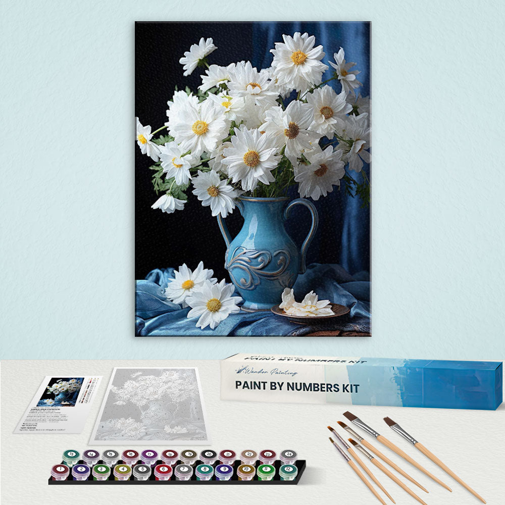 White Daisies in a Blue Vase | Paint by Numbers Kit