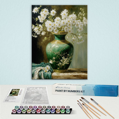 White Blossoms in a Green Vase | Paint by Numbers Kit
