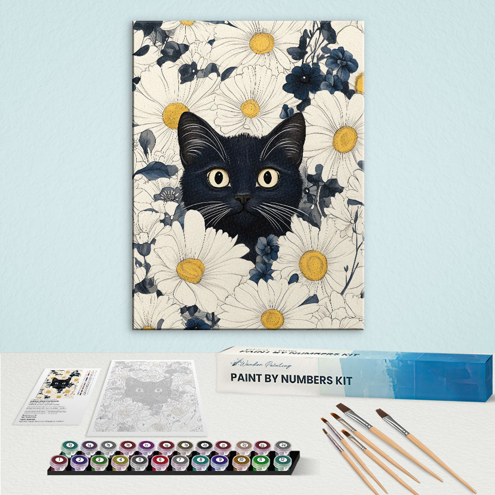 Black Cat in White Daisy | Paint by Numbers Kit