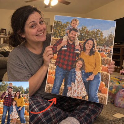 Mom holding the custom paint by numbers canvas of her family pumpkin patch photo, with the original photo
