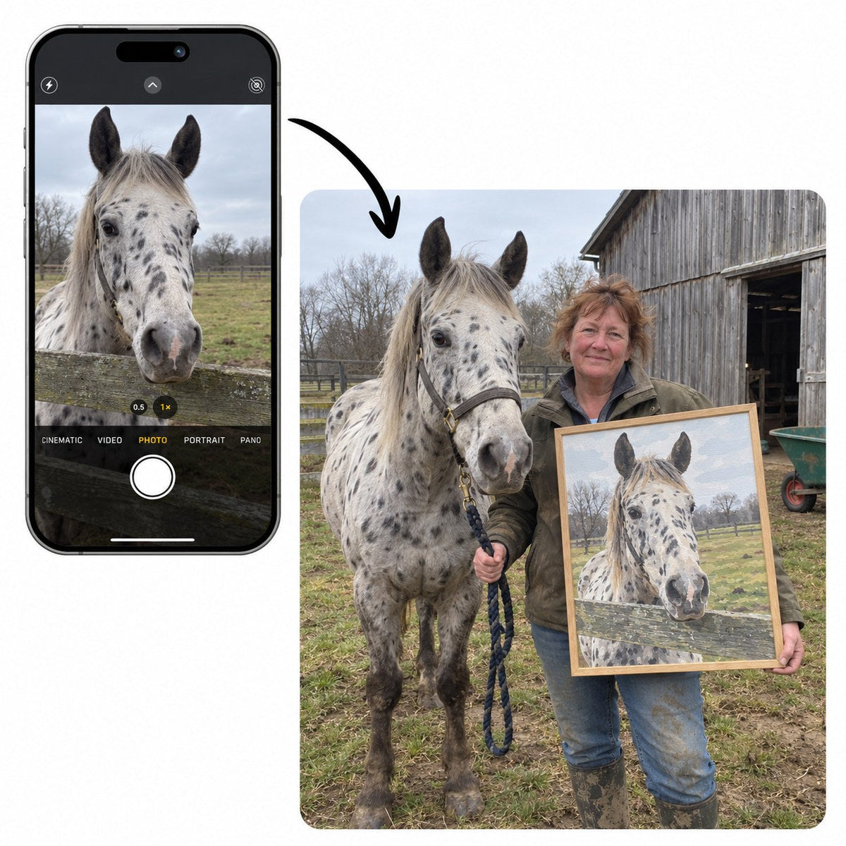 Phone photo of an appaloosa horse next to its owner holding the framed custom paint by numbers painting of the horse