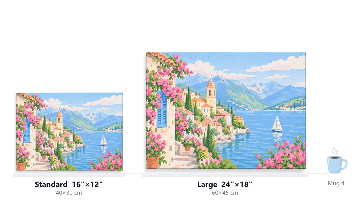 The two canvas sizes shown to scale next to a coffee mug