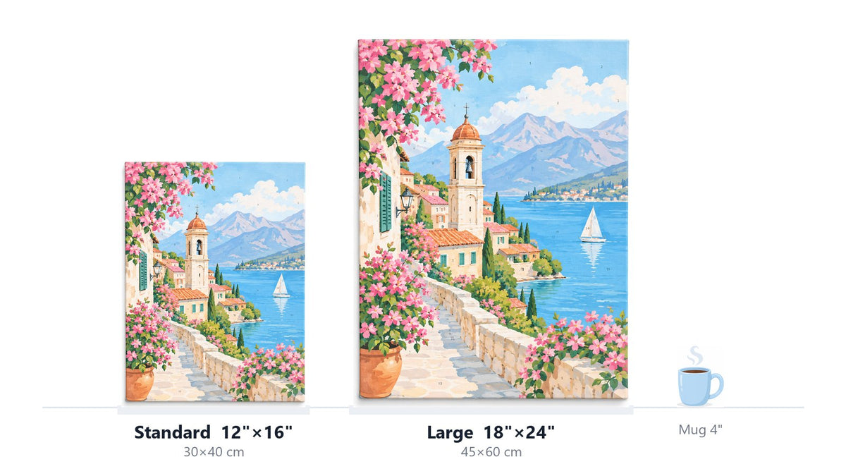 The two canvas sizes shown to scale next to a coffee mug